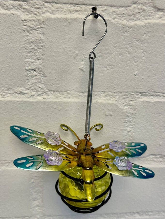 Impuls Metaal hangende solarlamp Libelle met bloem sier stenen meerkleurig met LED Hangend model met metalen ophanghaakje hoogte 20 x 16 x 2 cm Tuindecoratie Tuinverlichting