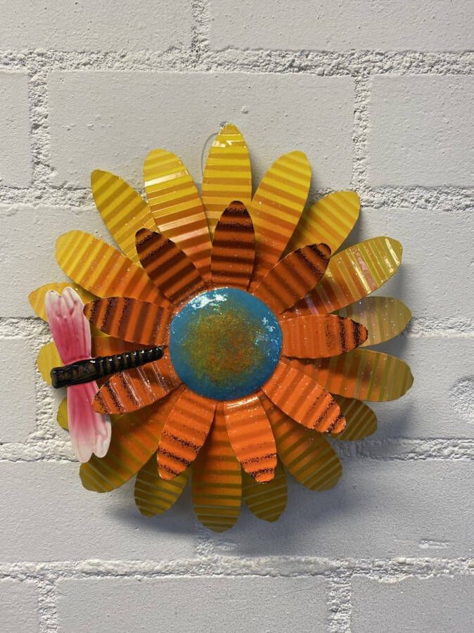 Impuls Metalen bloem wanddecoratie Geel + Oranje + blauw + libelle Dia 30 cm Voor binnen en buiten Wanddecoratie