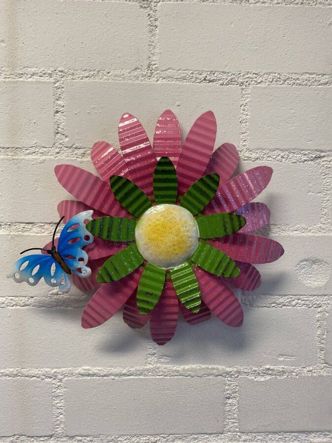 Impuls Metalen bloem wanddecoratie Roze + Groen + geel + vlinder Dia 30 cm Voor binnen en buiten Wanddecoratie