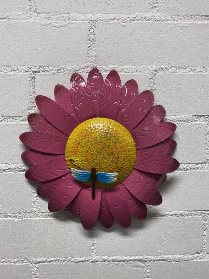 Impuls Metalen bloem wanddecoratie Roze + libelle Dia 31 cm Voor binnen en buiten Wanddecoratie