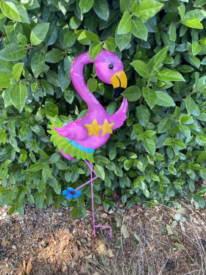 Impuls Metalen deco tuinsteker flamingo + bikini- roze + meerkleurig hoogte 80 x 30 x 1 cm Tuinaccessoires Tuindecoratie Tuinstekers