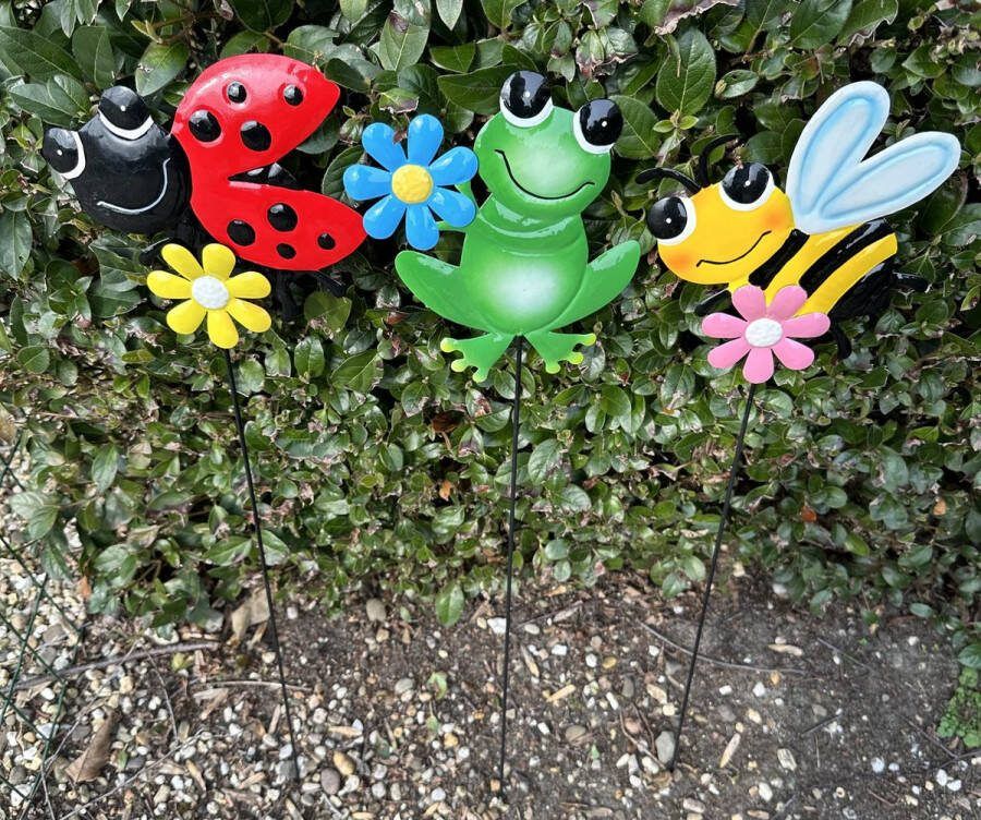 Impuls Metalen deco tuinstekers bij kikker en lieveheersbeestje Set van 3 stuks kleuren hoogte 60 x 15 x 13 cm Tuinaccessoires Tuindecoratie – Tuinstekers