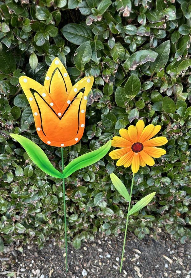 Impuls Metalen deco tuinstekers bloemen Set van 2 stuks meerkleurig oranje hoogte 60 x 17 x 1 cm + 52 x 11 x 1 cm Tuinaccessoires Tuindecoratie – Tuinstekers