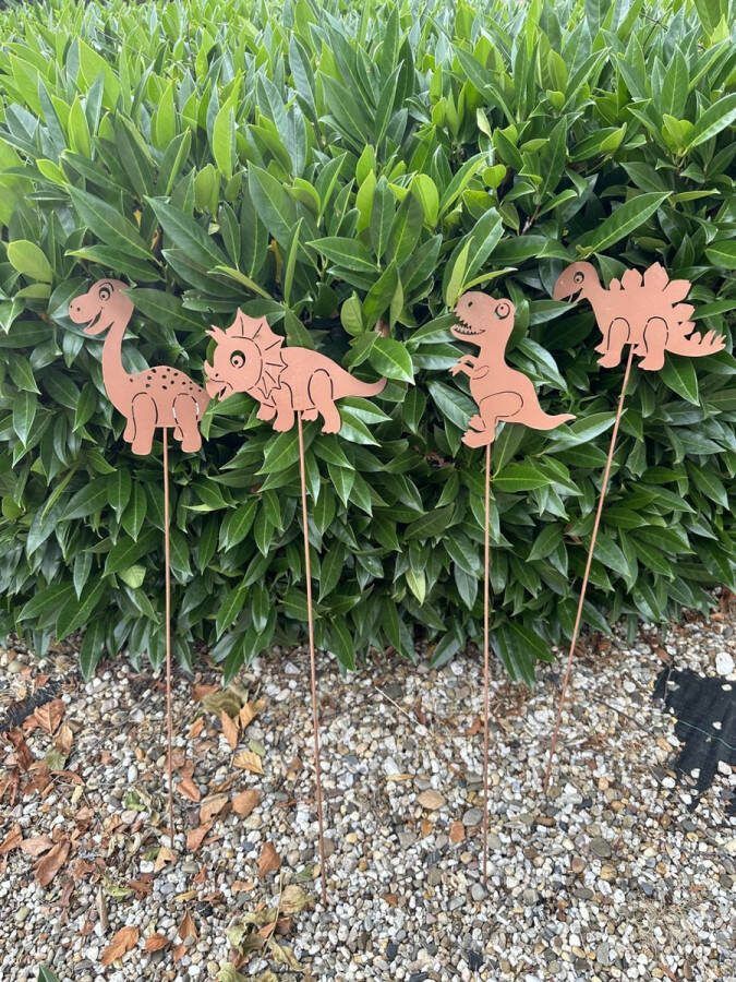 Impuls Metalen deco tuinstekers dino's Set van 4 stuks roestkleurig hoogte 60 x 17 x 15 cm Tuinaccessoires Tuindecoratie – Tuinstekers
