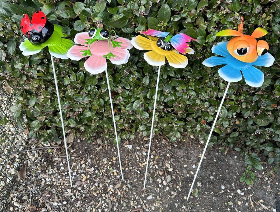 Impuls Metalen deco tuinstekers Insecten op bloem en veer Set van 4 stuks meerkleurig hoogte 60 x 15 x 1 cm Tuinaccessoires Tuindecoratie – Tuinstekers