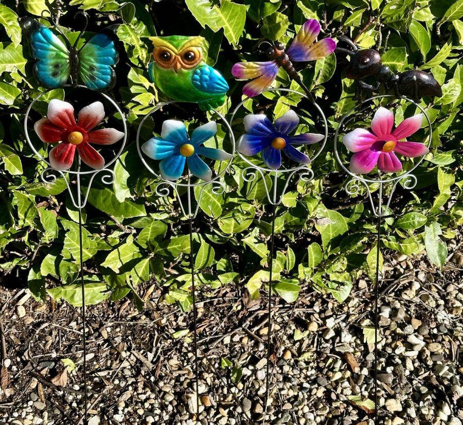 Impuls Metalen deco tuinstekers met windmolen vlinder uil libelle insect- Set van 4 stuks kleuren hoogte 61 x dia 10.5 x 3.8 cm Tuinaccessoires Tuindecoratie Tuinstekers