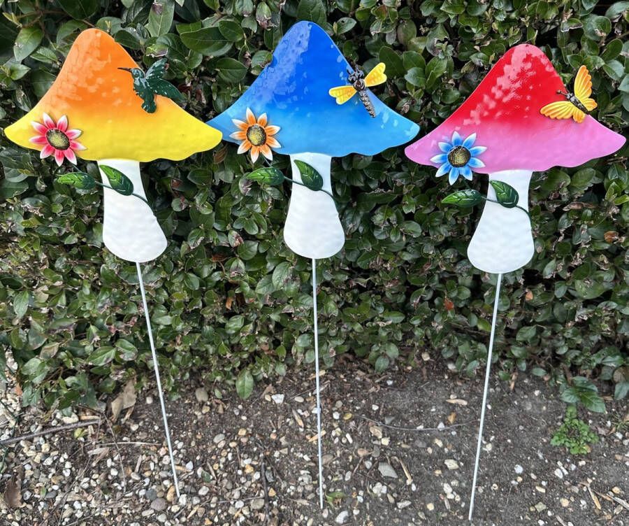 Impuls Metalen deco tuinstekers Paddenstoelen met vlinders en bloemen Set van 3 stuks blauw geel roze hoogte 60 x 20 x 1 cm Tuinaccessoires Tuindecoratie – Tuinstekers
