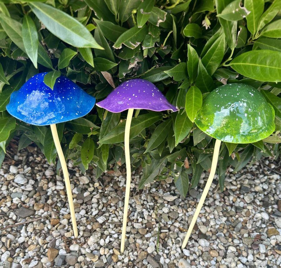 Impuls Metalen deco tuinstekers Paddenstoelen op veer Set van 3 stuks blauw paars groen hoogte 32 x 10 x 3 cm Tuinaccessoires Tuindecoratie – Tuinstekers