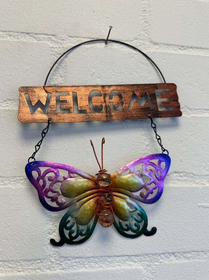 Impuls Metalen decoratie tuin hanger welcome + deco stenen vlinder meerkleurig hoogte 30 x 20 x 1 cm Woonaccessoires Decoratieve hangers Tuinaccessoires