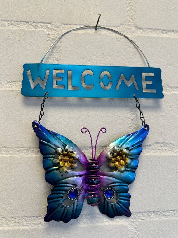 Impuls Metalen decoratie tuin hanger welcome + deco stenen vlinder -Roze + blauw + paars hoogte 30 x 20 x 1 cm Woonaccessoires Decoratieve hangers Tuinaccessoires
