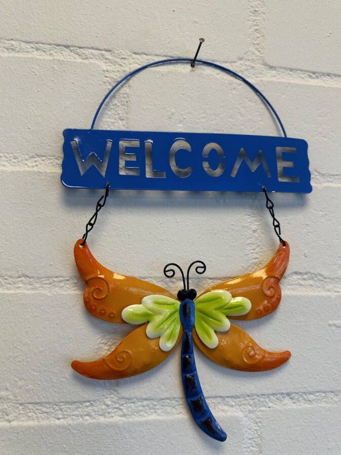 Impuls Metalen decoratie tuin hanger welcome libelle oranje + blauw hoogte 30 x 20 x 1 cm Woonaccessoires Decoratieve hangers Tuinaccessoires