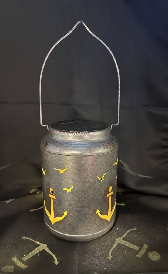 Impuls Metalen solarlamp lantaarn anker + vogeltjes zilverkleurig met 1 LED Staand en of hangend model hoogte 17 x 13 x 12 cm Tuindecoratie Tuinverlichting