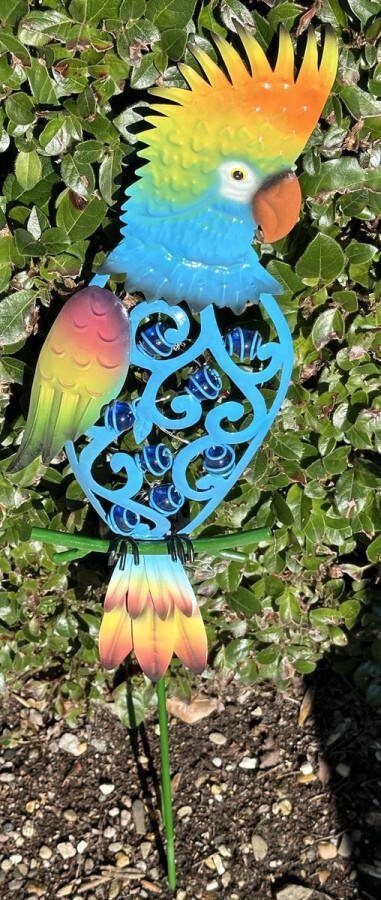 Impuls Metalen solarlamp op tuinsteker blauwe papegaai meerkleurig met glazen sier stenen tuinsteker hoogte 72 x 18 x 2 cm Tuindecoratie Tuinverlichting