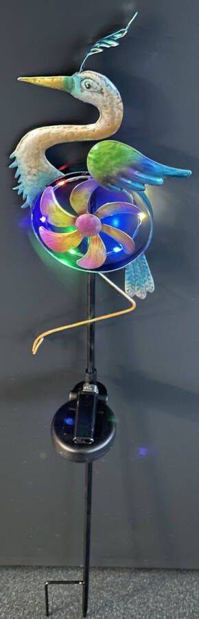 Impuls Metalen solarlamp op tuinsteker + deco windmolen kraanvogel meerkleurig tuinsteker hoogte 90 x 18 x 2 cm Tuindecoratie Tuinverlichting
