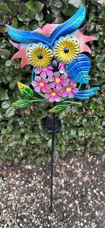 Impuls Metalen solarlamp op tuinsteker uil meerkleurig met 7 LEDs tuinsteker hoogte 90 x 25 x 2 cm Tuindecoratie Tuinverlichting