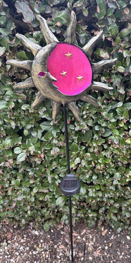 Impuls Metalen solarlamp op tuinsteker zon+maan roze + meerkleurig met 1 LED tuinsteker hoogte 90 x 25 x 2 cm Tuindecoratie Tuinverlichting