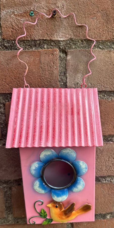 Impuls Metalen (tuin) decoratie vogelhuisje met bloem en vogel roze + meerkleurig hoogte 35 x 15 x 6.5 cm Tuinaccesoires Tuindecoratie Vogelhuisjes