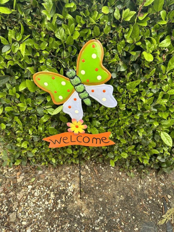 Impuls Metalen tuinsteker vlinder + welcome groen & paars + meerkleurig hoogte 80 x 25 x 27 cm Tuinaccessoires Tuindecoratie Tuinstekers