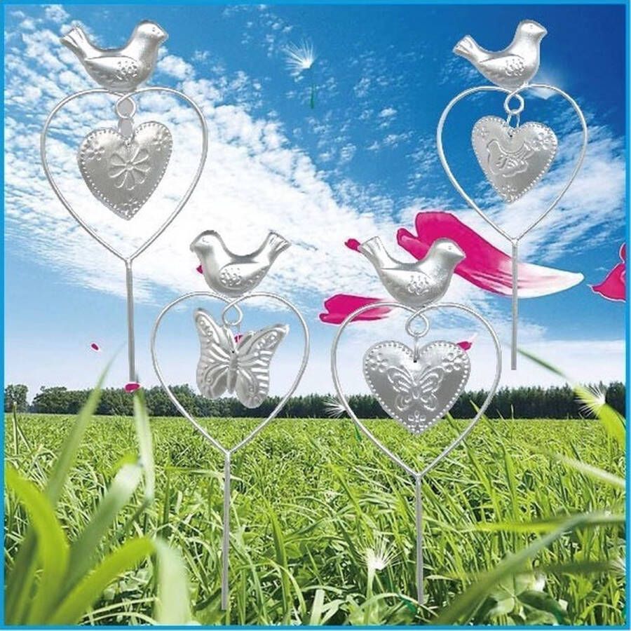 Impuls Metalen tuinstekers Vogel + hart + bloem + vlinder Set van 4 stuks zilver hoogte 79 cm x dia 10 x 1 cm Tuindecoratie tuinstekers