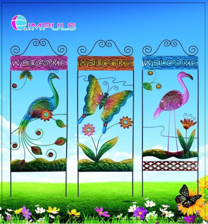 Impuls Metalen tuinsteker Welcome + flamingo metaal + glas zwart + meerkleurig hoogte 68 cm x 22 x 1.5 cm Tuindecoratie tuinstekers