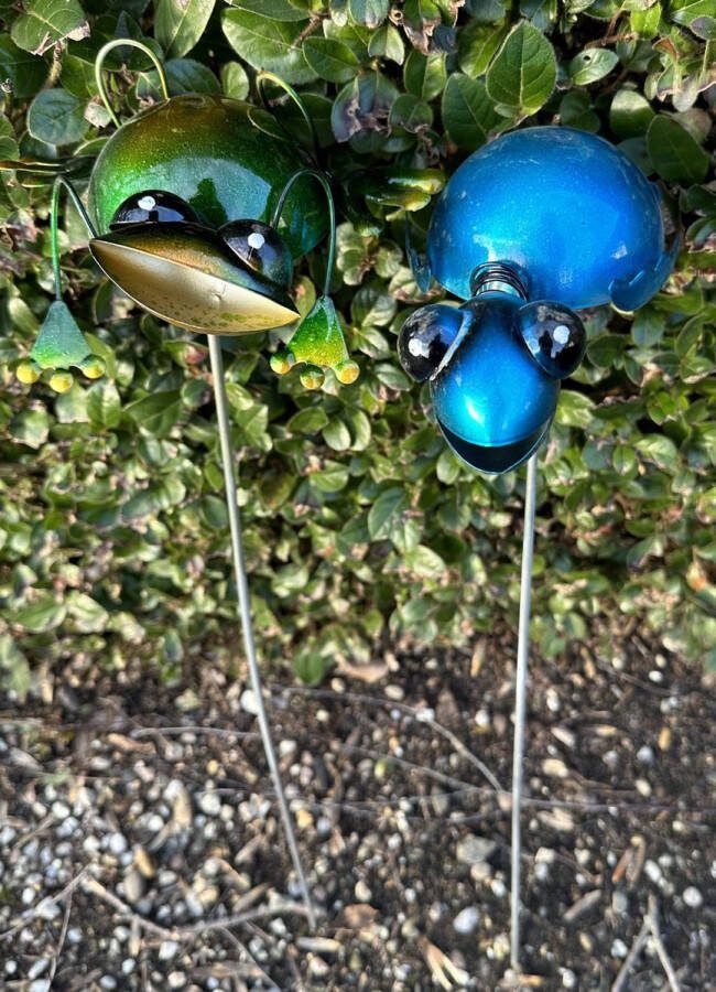 Impuls Metalen tuinstekers kikker en schildpad Set van 2 stuks Groen en blauw hoogte 62 x 15 x 1 cm Tuindecoratie Tuinaccessoires Tuinstekers