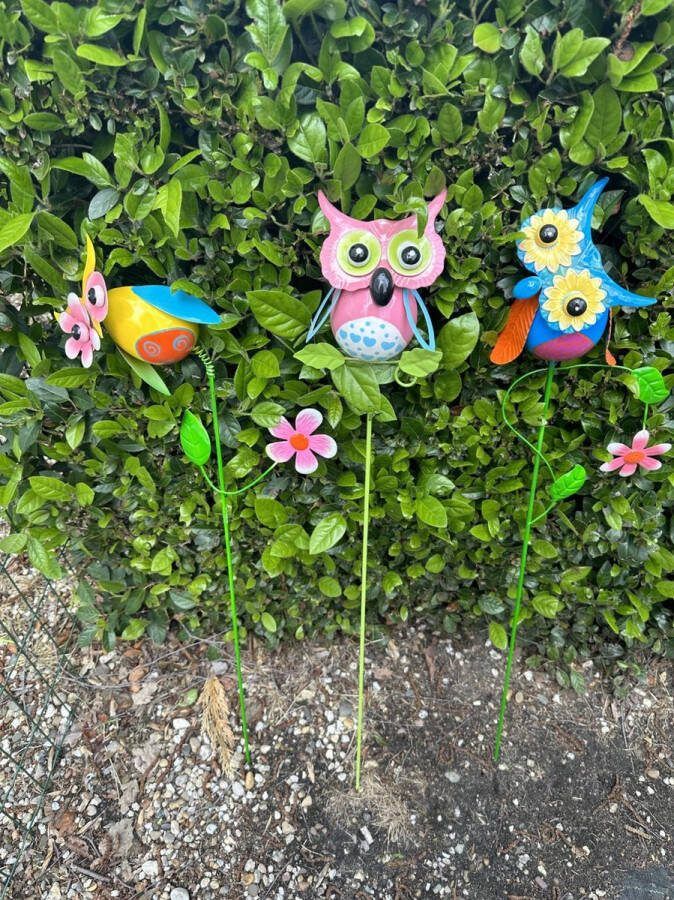Impuls Metalen tuinstekers uilen Set van 3 stuks meerkleurig + bloem hoogte 60 x 17 x 17 cm Tuinaccessoires Tuindecoratie Tuinstekers