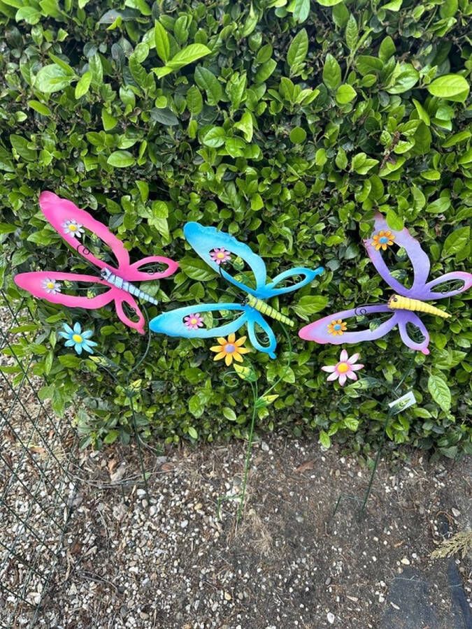 Impuls Metalen tuinstekers vlinders met bloemen Set van 3 stuks roze blauw paars hoogte 80 x 23 x 17 cm Tuinaccessoires Tuindecoratie Tuinstekers