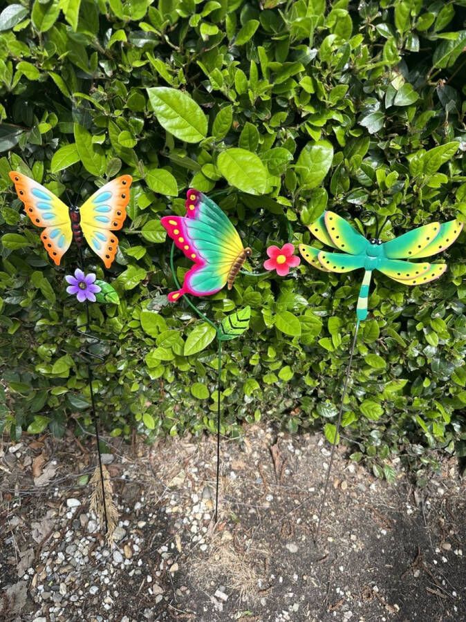 Impuls Metalen tuinstekers vlinders Set van 3 stuks meerkleurig hoogte 58 x 18.5 x 14.5 cm Tuinaccessoires Tuindecoratie Tuinstekers