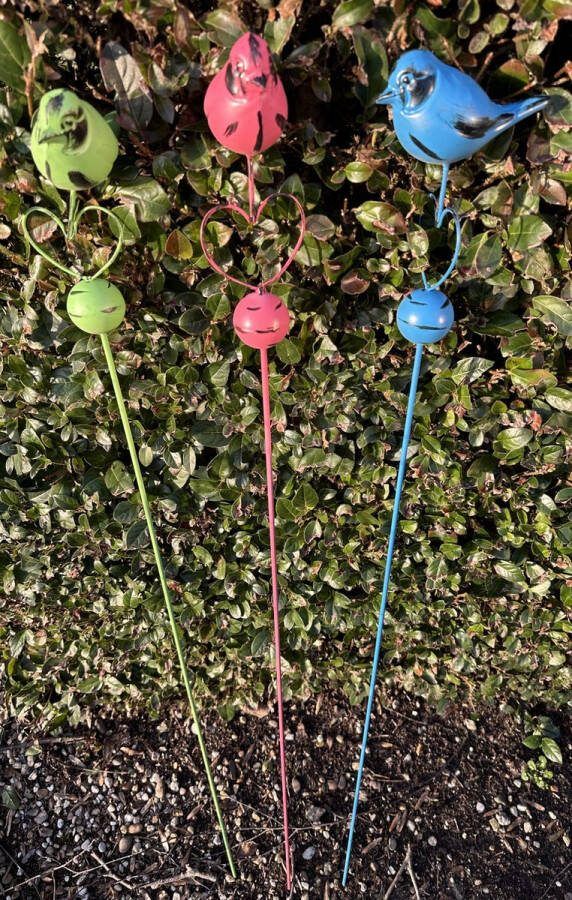 Impuls Metalen tuinstekers vogels op hart Set van 3 stuks Blauw roze groen hoogte 98 x 12 x 1 cm Tuindecoratie Tuinaccessoires Tuinstekers
