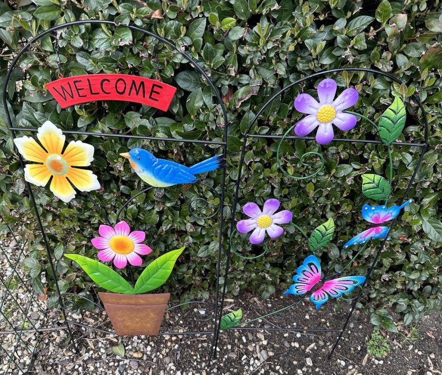 Impuls Metalen tuinstekers Welcome + bloemen en vogel + Bloemen en vlinders Set van 2 stuks meerkleurig hoogte 75 cm x 33 x 2 cm + hoogte 72 cm x 30 x 2 cm Tuindecoratie tuinstekers