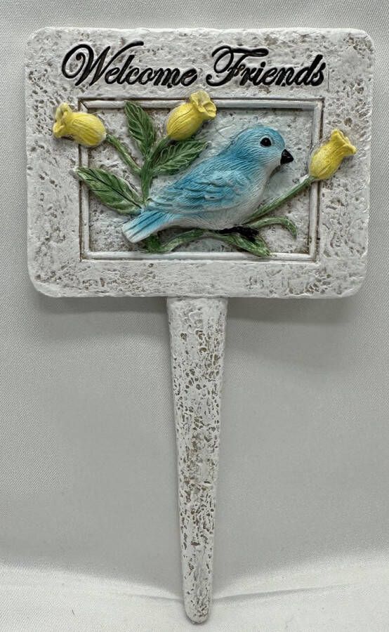 Impuls Polyresin deco tuinsteker met dierfiguur welcome friends blauwe vogel Hoogte 19 x 12 x 1 cm Woonaccessoires Woondecoratie Tuinaccessoires Tuindecoratie