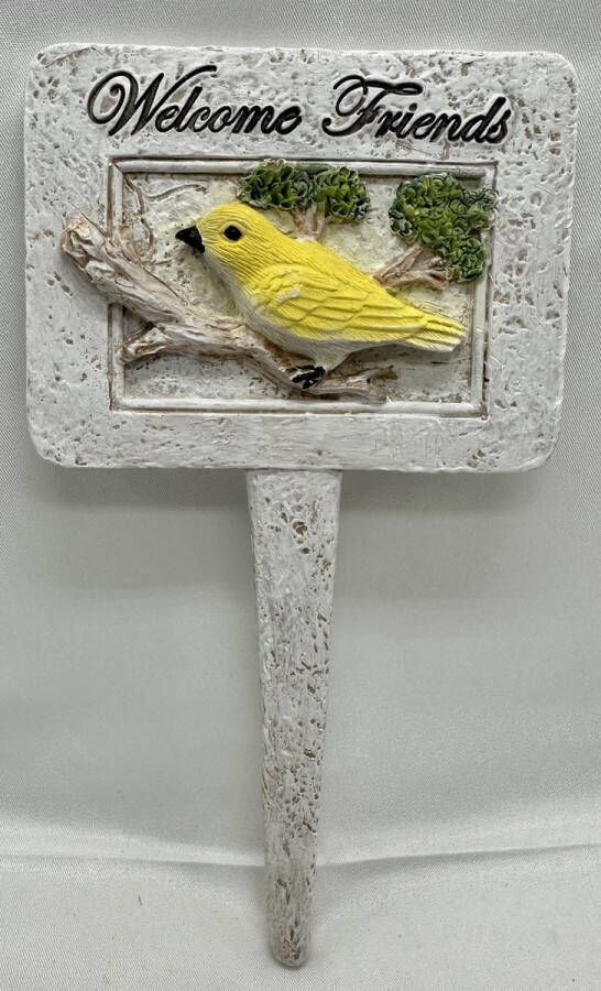 Impuls Polyresin deco tuinsteker met dierfiguur welcome friends gele vogel Hoogte 19 x 12 x 1 cm Woonaccessoires Woondecoratie Tuinaccessoires Tuindecoratie