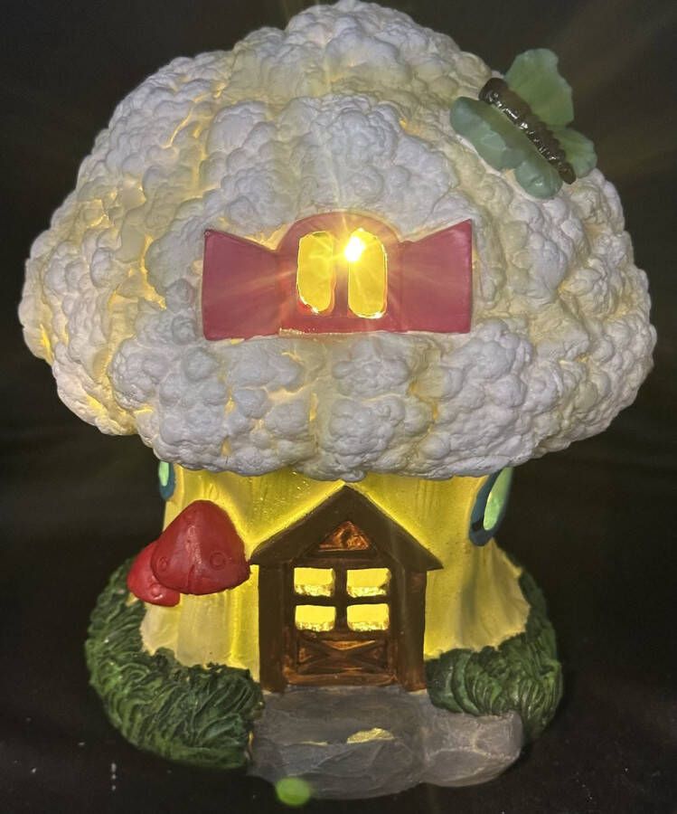 Impuls Polyresin solarlamp Bloemkool huisje meerkleurig warm witte LED staand model hoogte 18 x 16 x 12 cm Tuindecoratie Tuinverlichting