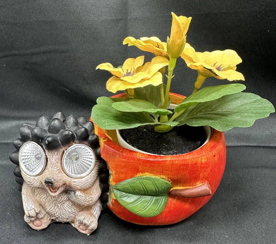Impuls Polyresin solarlamp Egel met bloempot meerkleurig met 2 LEDs Staand model hoogte 8 x 14 x 13 cm Exclusief bloempot Tuindecoratie Tuinverlichting