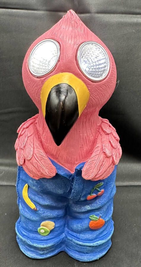 Impuls Polyresin solarlamp Flamingo in jeans met fruit meerkleurig met 2 LEDs Staand model hoogte 19 x 9 x 9 cm Tuindecoratie Tuinverlichting