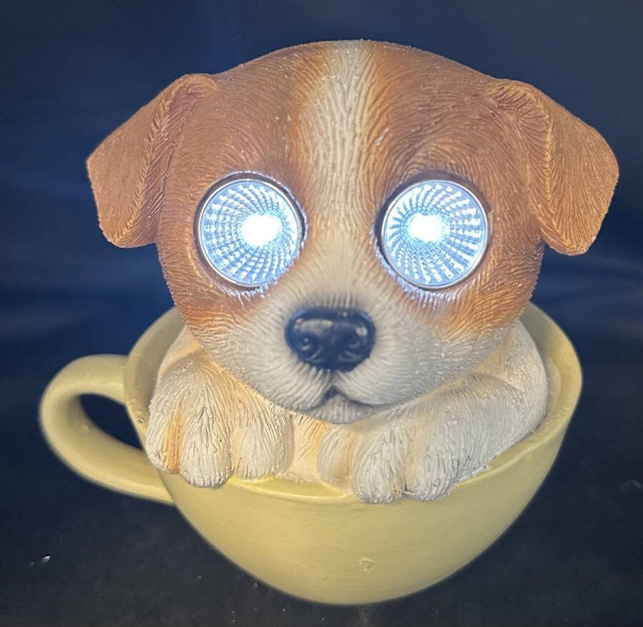 Impuls Polyresin solarlamp hond in mok meerkleurig met 2 LEDs Staand model hoogte 12 x 15 x 6 cm Tuindecoratie Tuinverlichting