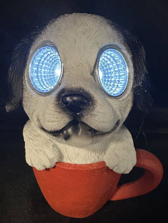Impuls Polyresin solarlamp hond in mok meerkleurig met 2 LEDs Staand model hoogte 14 x 8 x 7 cm Tuindecoratie Tuinverlichting