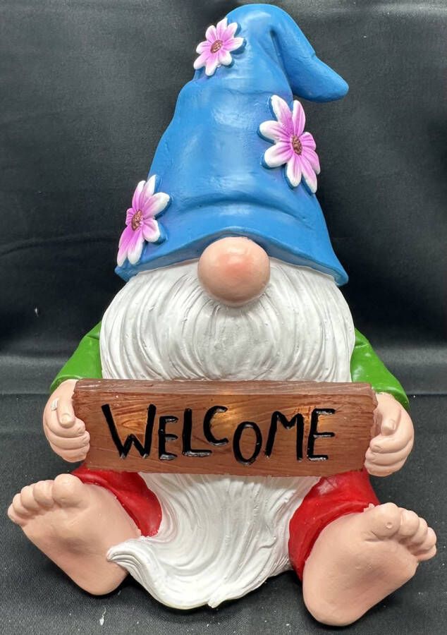 Impuls Polyresin solarlamp Kabouter blauwe muts met bloemen en welcome meerkleurig met LED staand model hoogte 19 x 14 x 12 cm Tuindecoratie Tuinverlichting