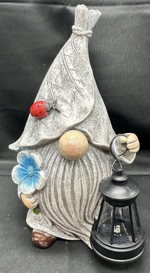 Impuls Polyresin solarlamp kabouter met blauwe bloem en lieveheersbeestje met lantaarn meerkleurig met 1 LED Staand model hoogte 20 x 12 x 7 cm Tuindecoratie Tuinverlichting