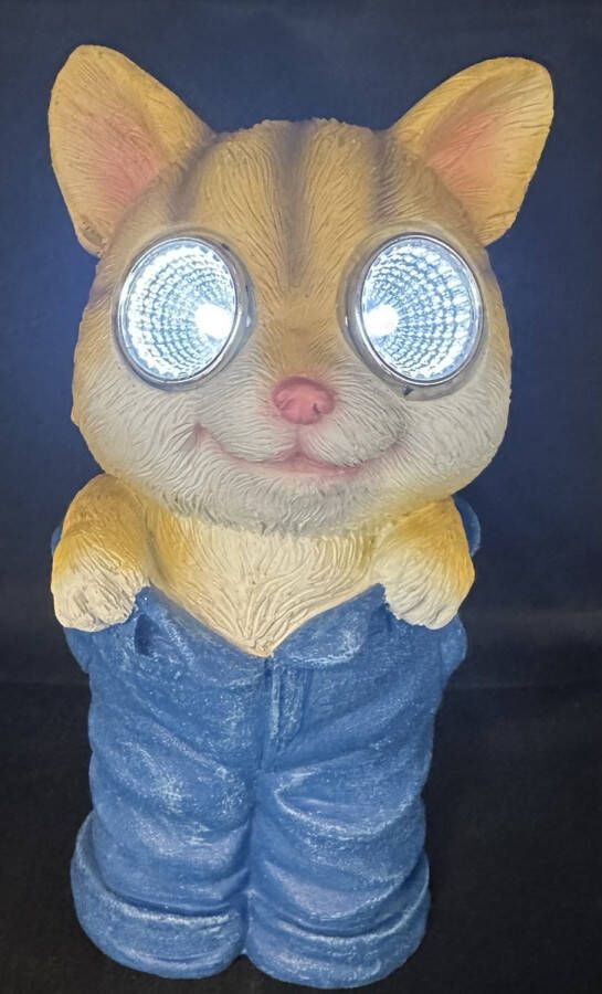 Impuls Polyresin solarlamp kat in jeans meerkleurig met 2 LEDs Staand model hoogte 19 x 9 x 9 cm Tuindecoratie Tuinverlichting