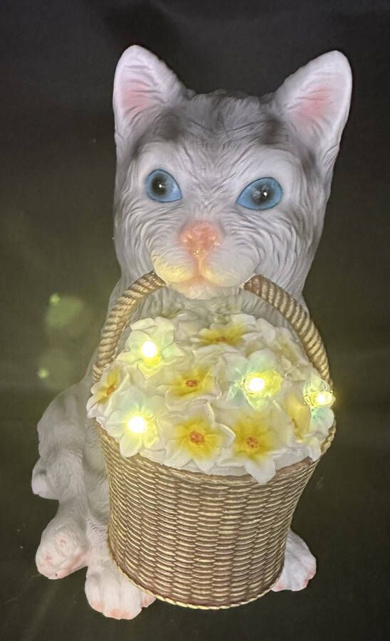 Impuls Polyresin solarlamp Kat met bloemenmand en LED meerkleurig met LEDs Staand model hoogte 20 x 15 x 13 cm Tuindecoratie Tuinverlichting