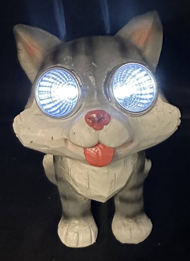 Impuls Polyresin solarlamp kat met LED ogen meerkleurig met 2 LEDs Staand model hoogte 13 x 12 x 10 cm staand model Tuindecoratie Tuinverlichting