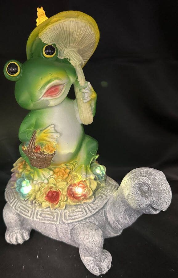 Impuls Polyresin solarlamp Kikker op schildpad met LEDs meerkleurig met LEDs Staand model hoogte 24 x 22 x 13 cm Tuindecoratie Tuinverlichting