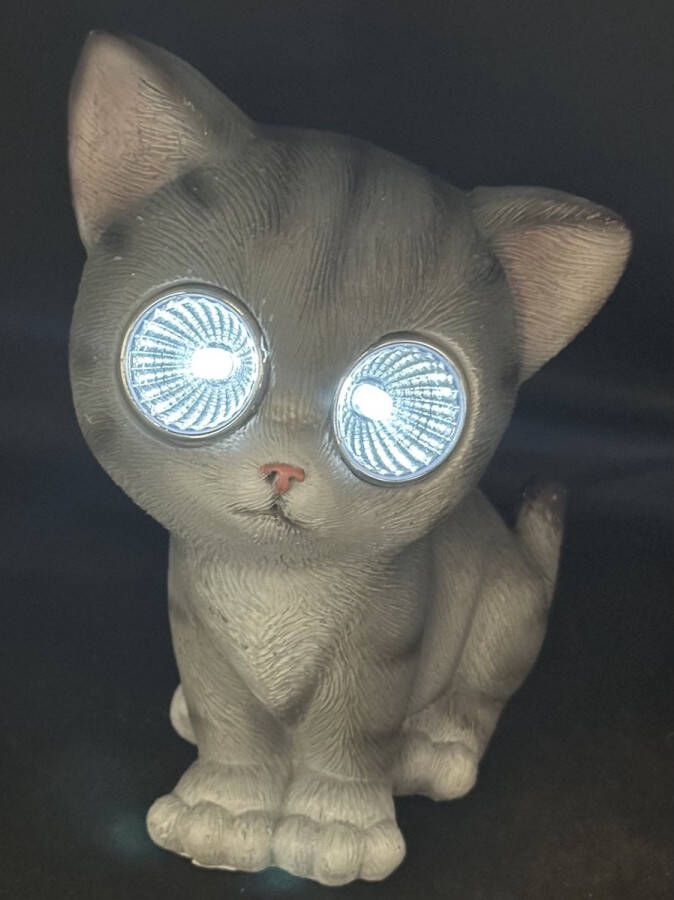Impuls Polyresin solarlamp zittende kat grijs met 2 LEDs Staand model hoogte 16 x 14 x 10 cm Tuindecoratie Tuinverlichting