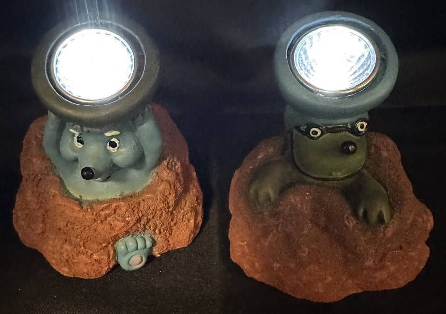 Impuls Polyresin solarlampen egel & mol met hoofdlamp Set van 2 stuks met LED meerkleurig Staand model hoogte 9 x 7 x 5 cm Tuindecoratie Tuinverlichting