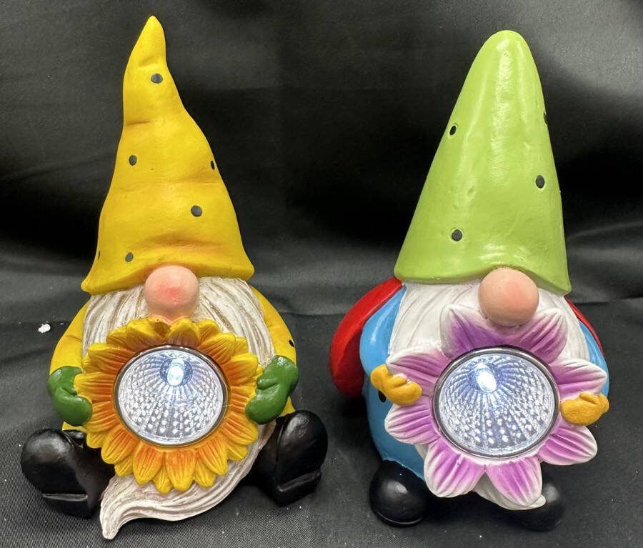 Impuls Polyresin solarlampen kabouters met bloemen bij en lieveheersbeestje Set van 2 stuks meerkleurig met 1 LED staand model hoogte 15 x 11 x 9 cm Tuindecoratie Tuinverlichting