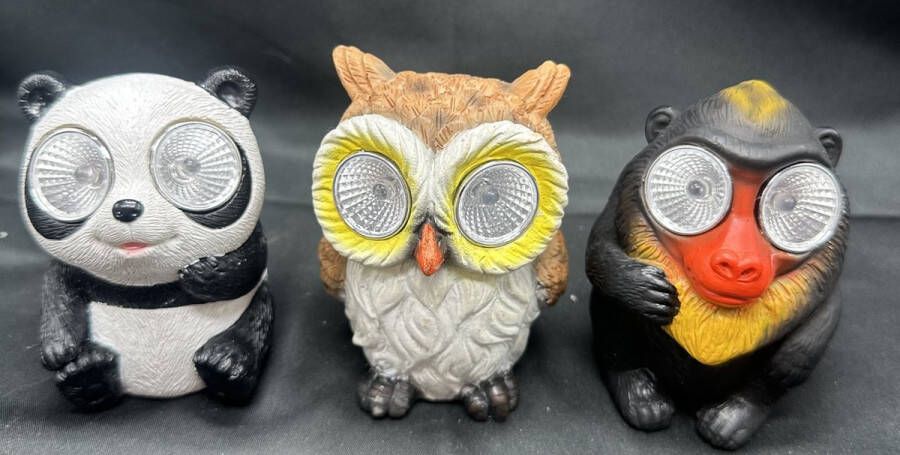 Impuls Polyresin solarlampen Koalabeer uil & gorilla Set van 3 stuks met 2 LEDs Staand model hoogte 10 x 9 x 7 cm Tuindecoratie Tuinverlichting