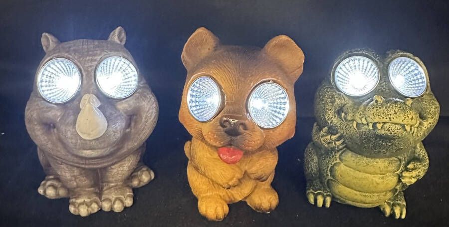 Impuls Polyresin solarlampen Neushoorn hond & krokodil Set van 3 stuks met 2 LEDs Staand model hoogte 10 x 9 x 7 cm Tuindecoratie Tuinverlichting