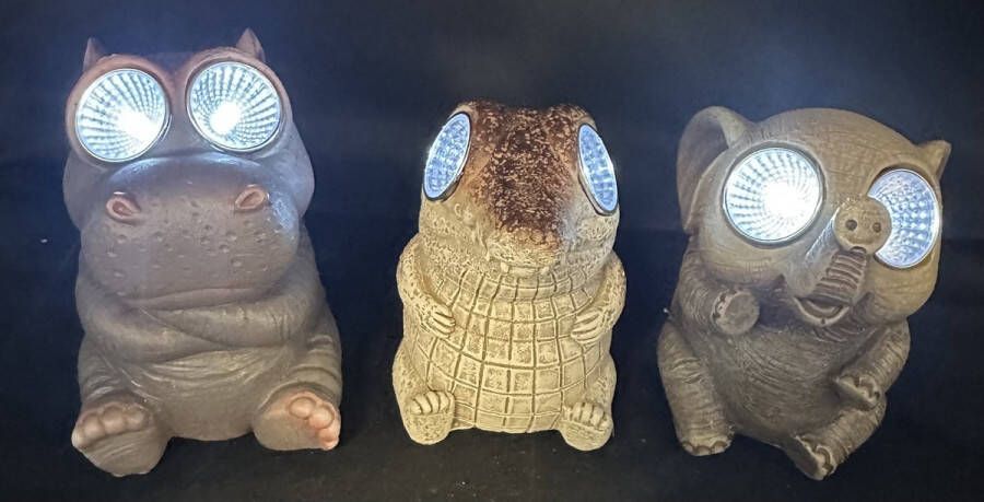 Impuls Polyresin solarlampen Nijlpaard Krokodil en olifant Set van 3 stuks met 2 LEDs Staand model hoogte 10 x 9 x 7 cm Tuindecoratie Tuinverlichting