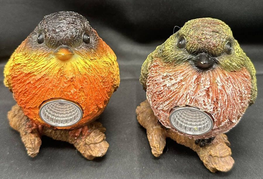 Impuls Polyresin solarlampen Vogels op boomstam Set van 2 stuks meerkleurig + oranje groen met 1 LED Staand model hoogte 10 x 9 x 8 cm Tuindecoratie Tuinverlichting